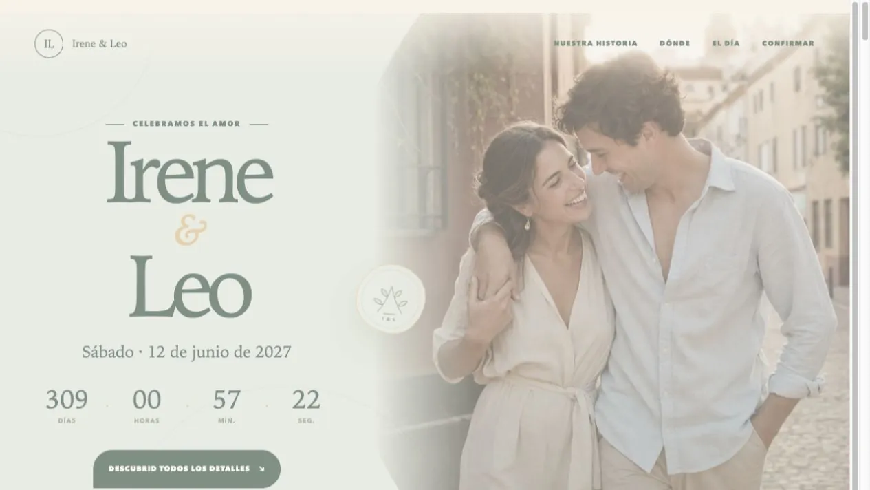 Vista real de una invitación de boda digital con diseño Botánica