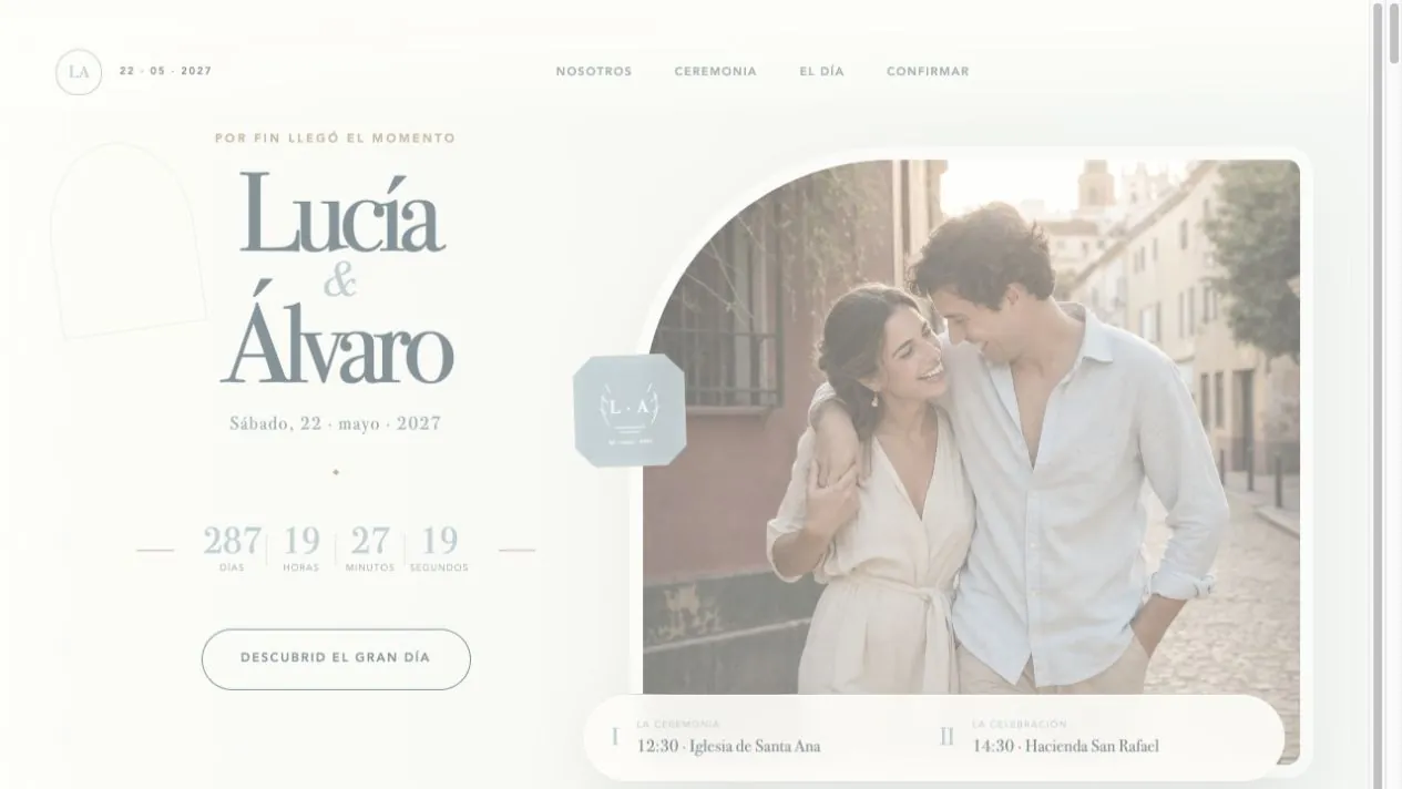 Vista real de la invitación de boda digital Clásica con la paleta Jardín de Toscana