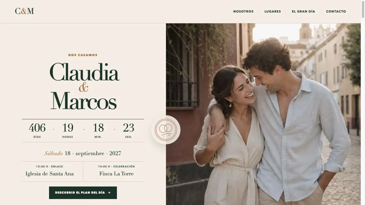 Vista real de la invitación de boda digital Editorial con la paleta Jardín de Toscana